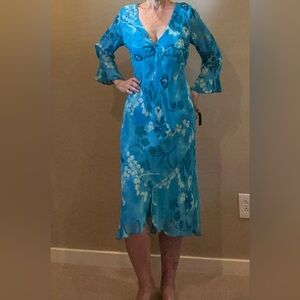 Rayon / chiffon teal bell sleeve, empire waist dress, size 10